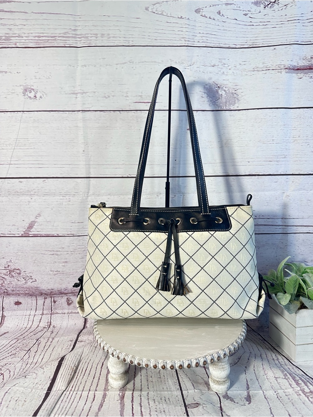 Dooney & Bourke Diamond Quilted DB Monogram Canvas Zip Shoulder Bag Black Trim